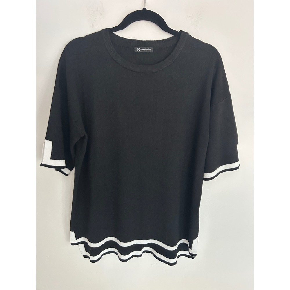 PrettyGarden Womens Black White‎ Contrast Trim Knit Short Sleeve Sweater Top L